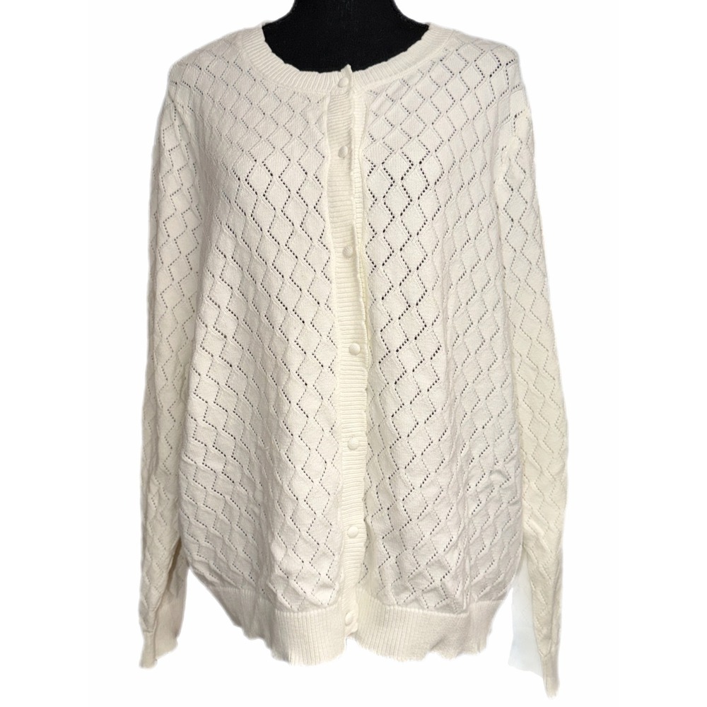 And Now This Plus White Pointelle Knit Cardigan Sweater 2X Calla Lily